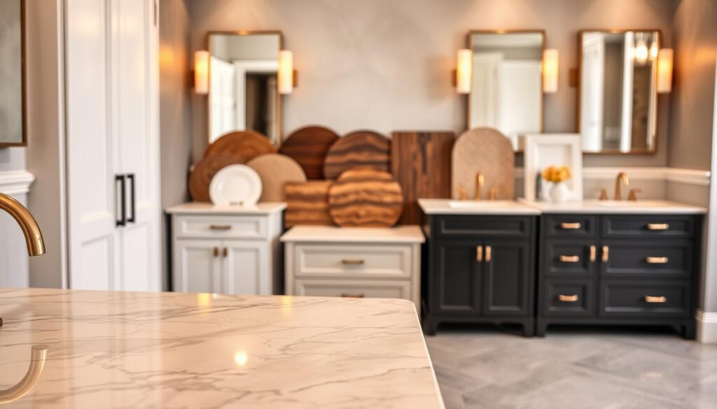 A beautifully arranged display of various bathroom vanity finish options, featuring a polished marble surface, sleek matte black cabinetry, and soft white shaker-style doors prominently featured in the foreground. The middle ground showcases an elegant assortment of finishes, including glossy wood, textured ceramic, and sophisticated matte gold hardware. In the background, a stylish, modern bathroom setting with soft ambient lighting enhances the overall mood, creating a serene and inviting atmosphere. The camera angle is slightly elevated, capturing the finishes in detail while conveying a sense of luxury and durability. The lighting is warm and natural, highlighting the textures and color variations of each finish, perfect for illustrating the topic of bathroom vanity durability.