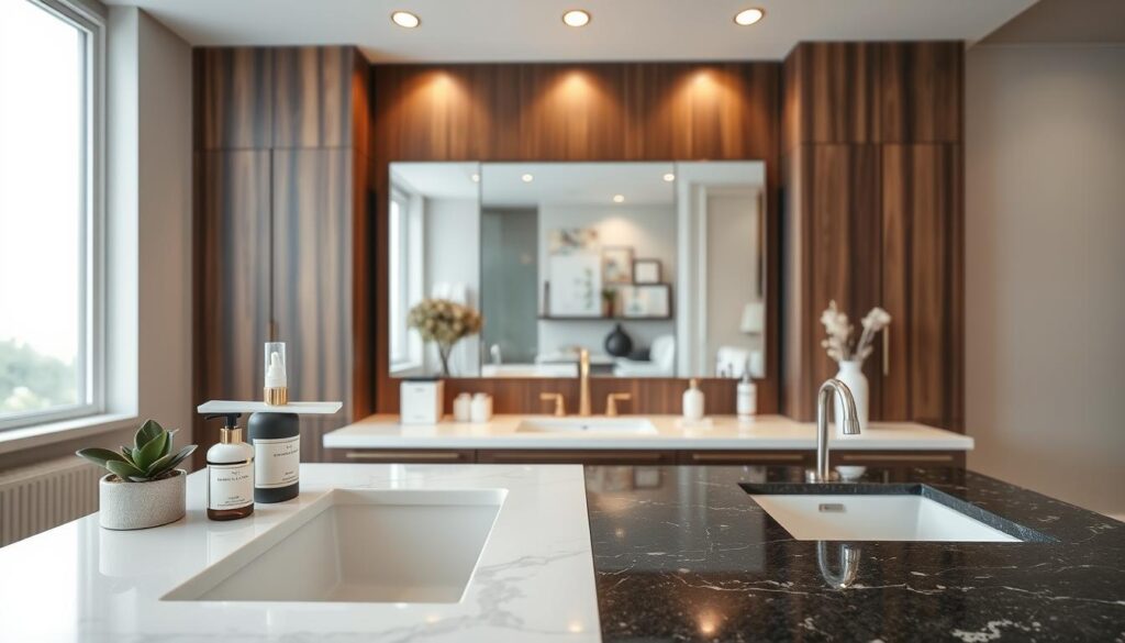 A beautifully crafted bathroom vanity surface showcasing a variety of durable finishes—glossy white quartz, textured dark wood, and sleek black granite. The foreground features an elegantly arranged countertop with neatly displayed high-end skincare products and a decorative potted plant, enhancing the aesthetics. In the middle ground, a stylish mirror reflects soft, warm lighting from recessed fixtures above, casting gentle shadows that highlight the vanity's textures. The background reveals subtle hints of a modern bathroom setting, including soft pastel-painted walls and tasteful accessories. The atmosphere is serene and upscale, inviting viewers to appreciate the elegance and functionality of durable finishes in contemporary home design. The image should be captured from a slightly elevated angle, creating depth and perspective, conveying luxury and practicality without any text or watermarks.