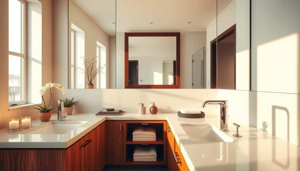 A beautifully designed double vanity bathroom, featuring two elegant sinks with stylish faucets and ample counter space. In the foreground, polished wooden cabinets reflect the warm lighting, while decorative accents like potted plants and scented candles add a touch of luxury. The middle ground showcases a large, inviting mirror framed with modern materials, enhancing the sense of spaciousness. The background reveals soft, neutral-colored walls and tasteful tile work that harmonize with the overall aesthetic. The lighting is bright yet soft, creating a serene atmosphere ideal for relaxation. The perspective is slightly elevated, capturing the full essence of the vanity setup in one cohesive image without any people present, focusing solely on the design and elegance of the double sink vanity.