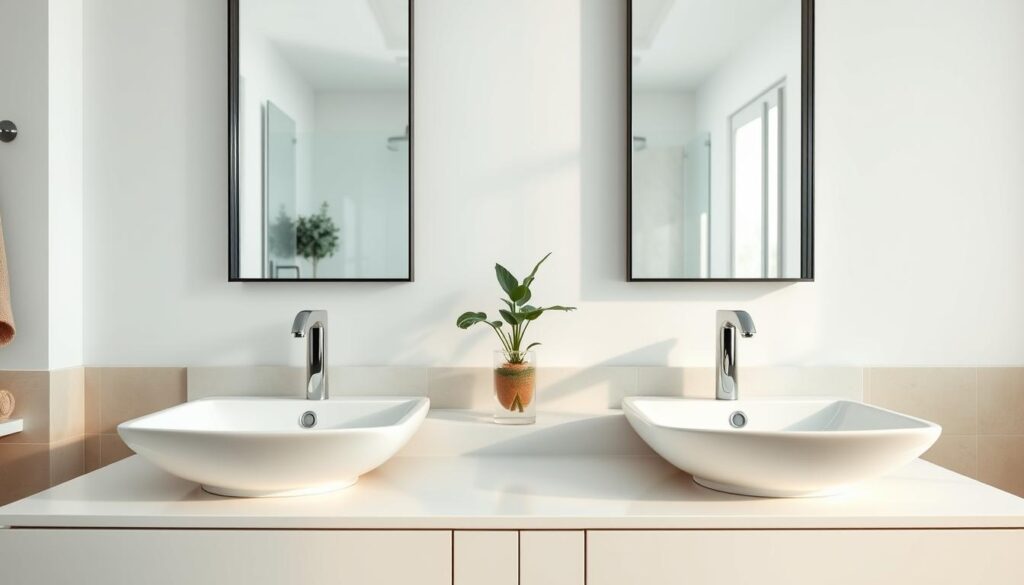 A beautifully designed modern double sink vanity set in a spacious, well-lit bathroom. In the foreground, two elegant sinks with polished chrome faucets and sleek white countertops, reflecting a bright, natural light. The middle layer features stylish mirrors above each sink, framed in contemporary black metal, showcasing subtle reflections of the surroundings. The background includes soft, neutral-colored walls and light beige tiles, enhancing the airy atmosphere. A potted plant peeks in from the corner, adding a touch of greenery. The overall mood is serene and organized, perfectly illustrating a space designed for functionality in busy households. Capture the scene from a slightly elevated angle to emphasize the vanity's design and spaciousness, with warm, inviting lighting that conveys comfort and practicality.