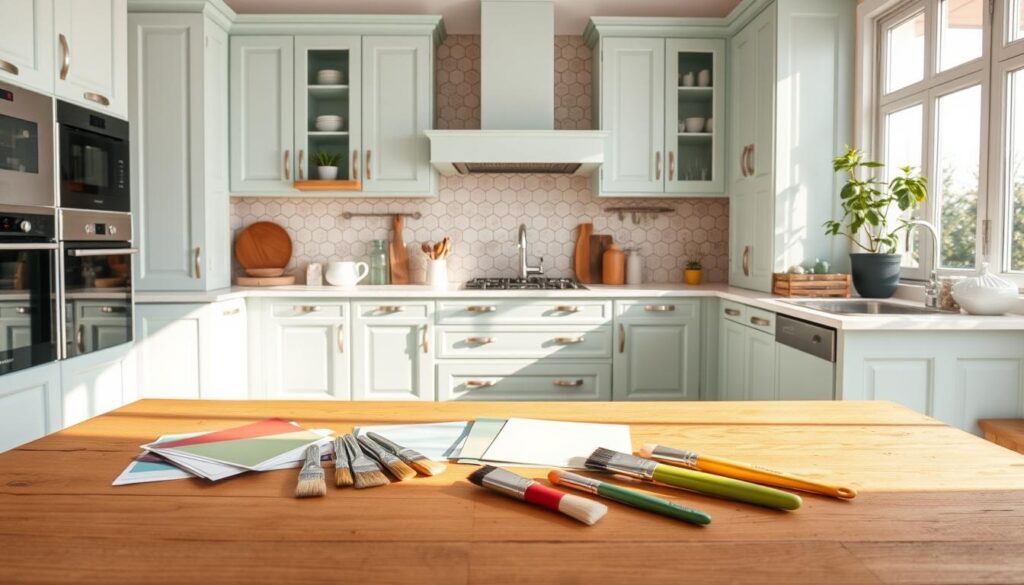 A beautifully organized kitchen design showcasing a refreshed look for cabinets. In the foreground, a well-lit wooden table displays an assortment of paint swatches and brushes, hinting at an upcoming transformation. The middle section features elegant, upcycled kitchen cabinets painted in a soft pastel hue, like mint green or pale blue, contrasting with sleek, modern hardware. A stylish backsplash in geometric tiles adds a contemporary touch. In the background, large windows allow natural light to flood in, illuminating the space and enhancing the cheerful atmosphere. The scene should evoke creativity and inspiration, ideally captured with a wide-angle lens at an eye-level perspective to highlight the thoughtful arrangement and design elements.