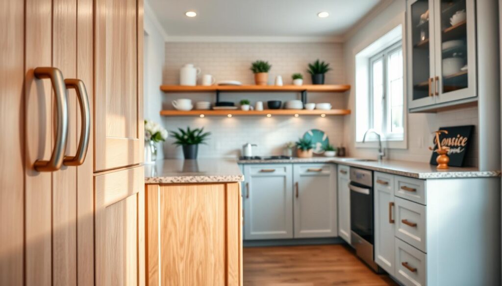 A beautifully organized kitchen featuring stylish updated cabinets. In the foreground, a set of modern wood cabinets with a matte finish, displaying a fresh coat of paint in soft pastel blue. Their unique handles glisten under warm, soft lighting, creating a welcoming atmosphere. In the middle background, an open space reveals elegant shelves showcasing decorative kitchenware and plants that add a touch of greenery. The countertops are made of polished granite, reflecting light subtly. A window allows natural light to stream in, highlighting the details of the cabinetry. The overall mood is inviting, suggesting transformation and warmth, illustrating how updating existing cabinets brings new life to a kitchen. The angle is slightly elevated, capturing the full height of the cabinets while maintaining focus on the inviting details.