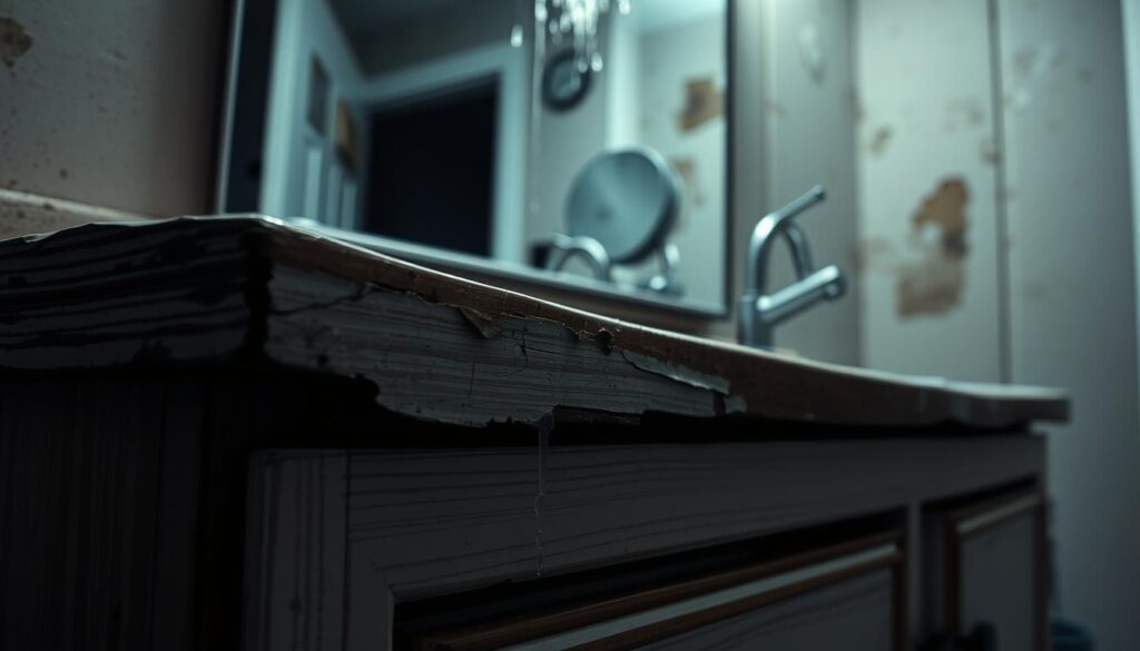 A close-up view of a bathroom vanity suffering from moisture damage. In the foreground, focus on peeling paint and warped wood, revealing layers of deterioration. The middle ground showcases a cloudy mirror with water stains and a dripping faucet, emphasizing the ongoing humidity issue. The background features dull, dim lighting that highlights the shadows where mold begins to form in the corners. Use a shallow depth of field to blur the background slightly, drawing attention to the damaged vanity. The overall mood should evoke a sense of neglect and the consequences of inadequate ventilation, with a cool, damp color palette of grays and blues. The scene conveys the impact of moisture on vanity finishes over time, without any human presence.