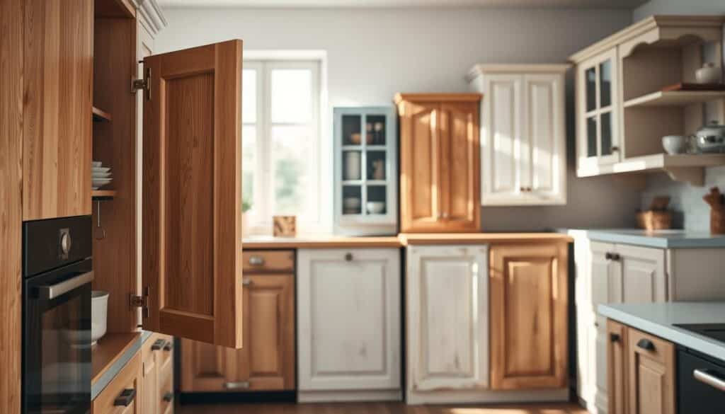 A modern kitchen scene featuring an array of cabinets poised for a makeover. In the foreground, a wooden cabinet door swings slightly open, revealing a neatly organized interior with dishes and kitchen gadgets. The middle section displays a combination of diverse cabinet styles — some sleek and modern, while others are rustic and charming, showcasing peeling paint and aged wood. The background features a well-lit kitchen space with bright natural light streaming in through a large window, casting soft shadows. A cozy, inviting atmosphere is created by the warm tones of the wood and the subtle texture of the walls. The image is shot from a slightly elevated angle to emphasize the cabinets' details, using soft focus to enhance their visual appeal and spark inspiration for gentle updates rather than full replacements.