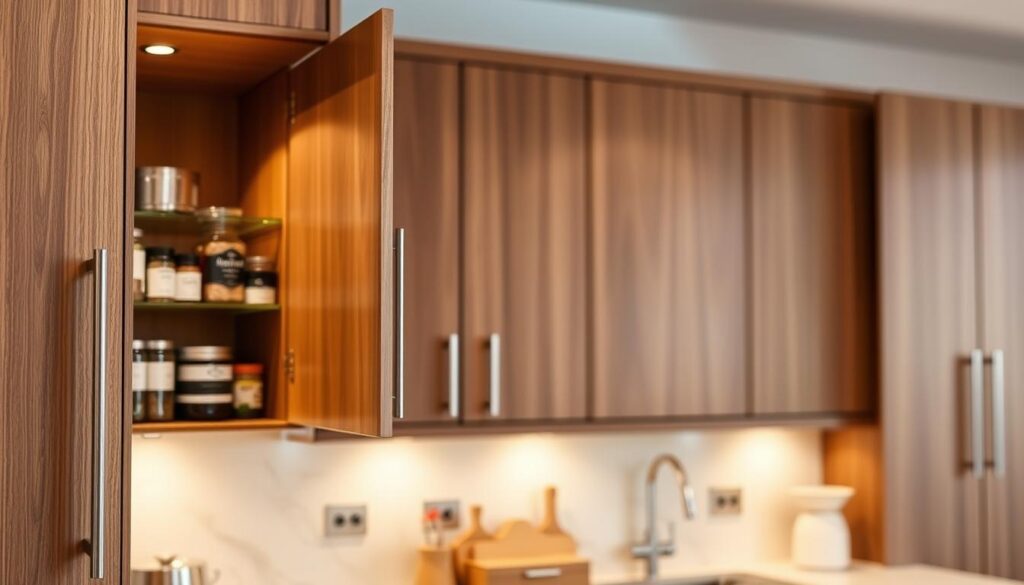 A beautifully designed kitchen featuring modern soft-close cabinets with elegant wood finishes, showcasing their smooth, quiet operation. In the foreground, a partially open cabinet door reveals neatly organized kitchenware and gourmet spices. The middle of the image highlights the sleek lines and craftsmanship of the cabinets, emphasizing their seamless integration into the kitchen's design. The background includes soft ambient lighting that casts a warm glow, enhancing the inviting atmosphere of the space. The angle is slightly tilted to capture the depth and functionality of the cabinetry. Emphasize details like brushed metal handles and the rich texture of the wood grain, creating a serene and sophisticated mood that reflects the benefits of soft-close cabinets for homeowners.