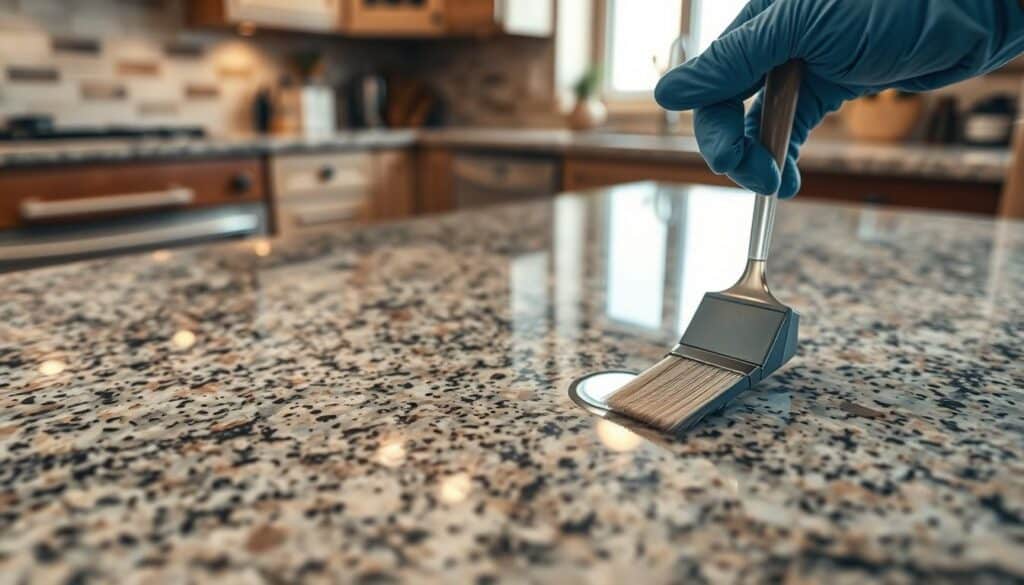 A close-up view of a granite countertop being sealed, highlighting the application process of granite surface sealing. In the foreground, a hand wearing a professional glove carefully applies a clear sealing solution with a brush onto the textured surface of the granite, showcasing its natural shine and rich patterns. The middle ground features the granite slab, revealing subtle variations in color and veining under soft, warm light that emphasizes its durability. In the background, a kitchen environment with soft-focus elements, like soft wood cabinetry and natural stone backsplash, creates an inviting atmosphere. The overall mood is focused and professional, conveying the importance of maintaining granite surfaces while hinting at potential vulnerabilities to wear over time.