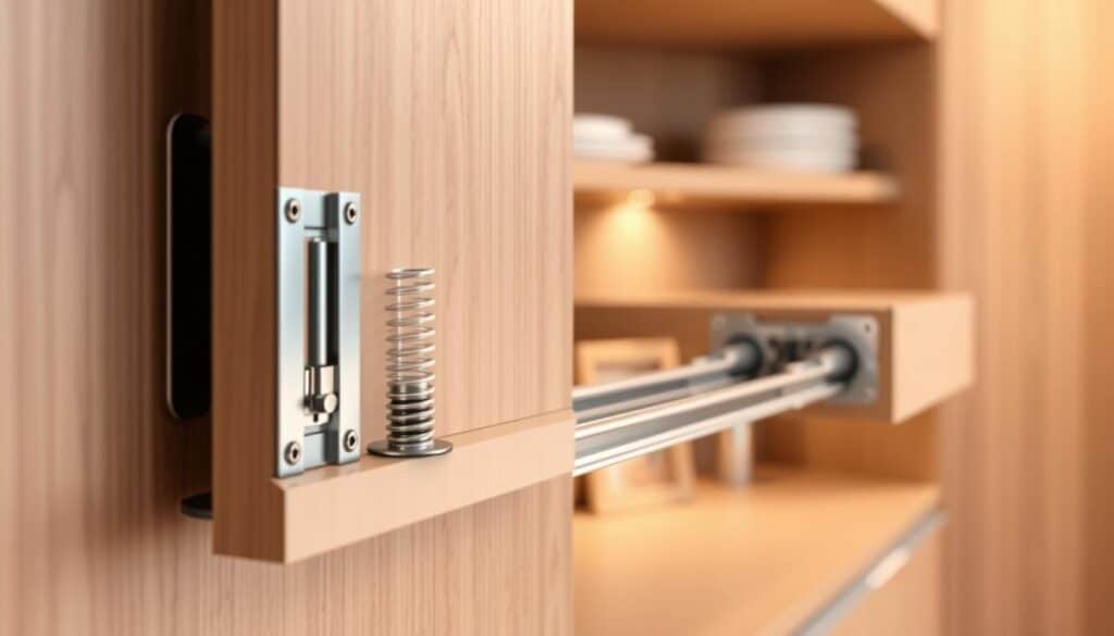 A close-up view of a soft-close mechanism, showcasing detailed internal components such as hydraulic dampers and spring systems within cabinet hinges and drawer slides. In the foreground, a partially opened cabinet door reveals the intricate mechanics at work, with focus on the hinge displaying its smooth motion. The middle ground features the drawer slide mechanism gliding effortlessly as it closes, demonstrating the cushioning effect. The background should be softly blurred, suggesting a modern kitchen environment with neutral, warm lighting that highlights the polished metal and smooth wood textures of the cabinetry. The atmosphere is practical and innovative, conveying the advanced engineering behind soft-close technology. Use a shallow depth of field to emphasize the mechanisms while maintaining a clean, professional aesthetic.
