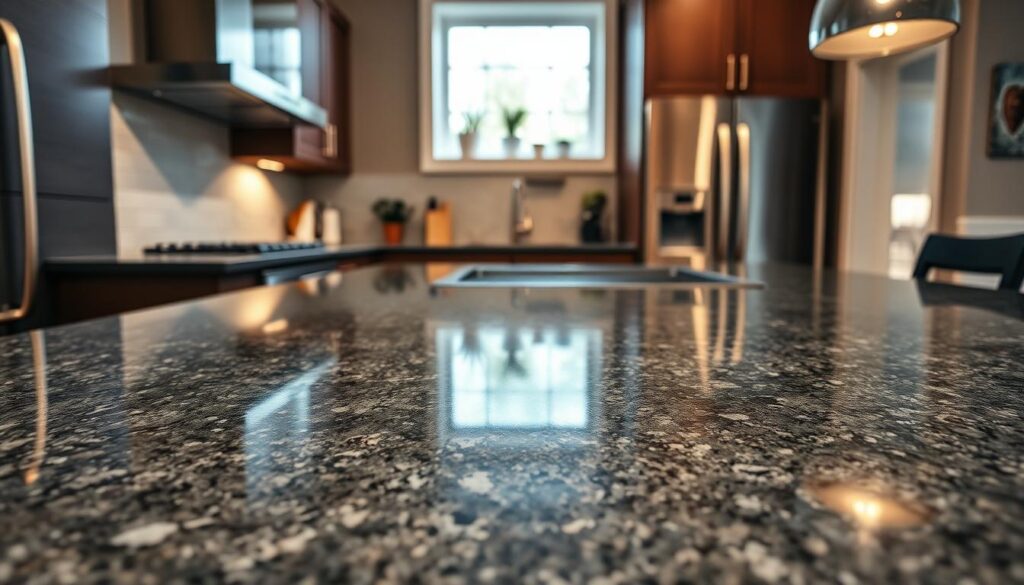 A close-up view of granite countertops showcasing their durability, highlighted with a polished finish reflecting ambient kitchen light. In the foreground, a spacious, modern kitchen island with sleek, dark gray granite, accented by subtle veining and a few kitchen utensils artistically placed. The middle ground features a stylish backsplash and stainless steel appliances, creating a warm and inviting atmosphere. In the background, soft natural light filters through a window, enhancing the textures of the granite. The angle captures the rich colors and patterns of the stone, emphasizing its strength and sophistication. The overall mood is elegant and contemporary, evoking a sense of timeless beauty and resilience in kitchen design.