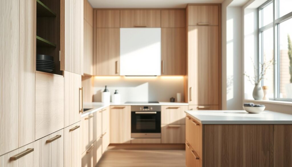 A modern kitchen featuring elegant soft-close cabinets in a blend of light wood and white finishes. The foreground showcases a beautifully organized cabinet door slightly ajar, highlighting the smooth, soft-close mechanism. In the middle ground, a sleek countertop with minimalistic kitchen accessories complements the cabinetry, while a well-lit open space emphasizes cleanliness and functionality. The background includes subtle hints of contemporary appliances and a warm, inviting color palette. Soft, natural lighting filters through a window, casting gentle shadows and creating a cozy atmosphere. Capture this scene from a slight angle to enhance depth and dimension, focusing on the interplay of materials and craftsmanship in today’s kitchens and bathrooms.