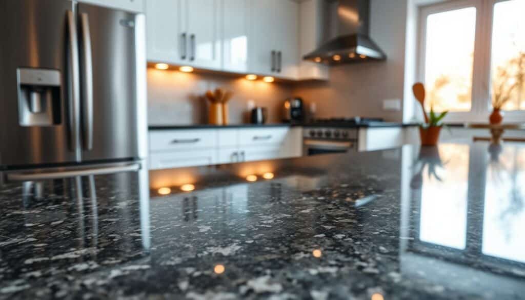 A sleek, modern kitchen featuring a granite countertop as the focal point, highlighting its durability. In the foreground, a close-up of the granite surface showcases its intricate patterns, texture, and resilience against scratches and stains. In the middle, the countertop is set against a backdrop of elegant cabinetry and stainless steel appliances, with a well-lit atmosphere reflecting warm, natural light from a nearby window. The background includes subtle hints of natural elements like a potted plant and kitchen utensils, enhancing the idea of functionality. The mood is inviting and professional, creating a captivating visual that embodies the concept of durability in kitchen countertops, emphasizing granite's superiority over other materials through visual contrasts. Use soft lighting to evoke a sense of warmth and reliability.