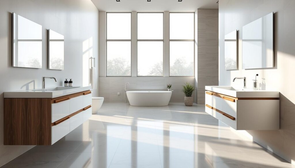 A beautifully designed modern bathroom featuring a freestanding vanity on one side and a wall-mounted vanity on the other. The foreground displays the sleek contours of both vanities, showcasing their unique styles and materials—ceramic and wood accents gleaming in soft, ambient light. The middle ground captures a spacious area with elegant tiles reflecting light, enhancing the illusion of a larger room. In the background, large windows allow natural light to spill in, illuminating a calming color palette of whites and soft blues, creating a serene atmosphere. The scene is set at a slight angle, emphasizing the depth of the layout, with shadows softly cast across the floor. The mood is tranquil and inviting, perfect for showcasing a stylish and functionally designed space.