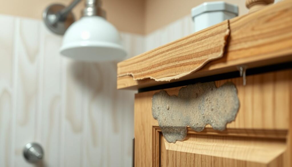 A close-up view of a bathroom cabinet displaying signs of humidity damage. The cabinet, made of mid-range wood, shows warping and peeling laminate on its edges, while a section has mold patches spreading across the surface. Water stains are visible on the wall behind the cabinet, with faint drips highlighting the source of moisture. Soft, diffused lighting from an overhead fixture casts a gentle glow, emphasizing the textures of the damaged wood and the mold. In the background, a blurred view of traditional bathroom tiles and plumbing fixtures adds context, creating a realistic setting. The overall mood reflects neglect and the impact of humidity on cabinetry, illustrating why poor materials can lead to failure in humid environments.