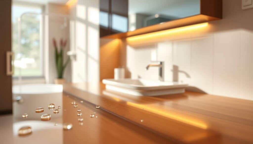 A close-up view of a beautifully crafted bathroom cabinet made from moisture-resistant materials, such as high-pressure laminate and marine-grade plywood. The cabinet features sleek, modern lines and a glossy finish, reflecting light in a soft, diffused manner. In the foreground, droplets of water can be seen beading on the cabinet surface, illustrating its resistance to moisture. In the middle ground, a stylish sink area with elegant fixtures complements the cabinet design, surrounded by light-colored tiles that evoke a serene bathroom atmosphere. The background is softly blurred, hinting at a calming and spa-like ambiance. Warm, natural lighting enhances the richness of the materials and creates a welcoming feel, emphasizing the importance of moisture resistance in bathroom interiors.