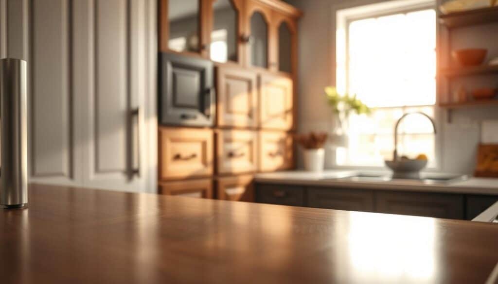 A close-up view of a beautifully finished kitchen cabinet showcasing a range of durable finishes. In the foreground, focus on a glossy, high-quality laminate surface with a subtle reflection, highlighting its resilience. In the middle, display various cabinet doors in different textures: a matte paint, a satin wood veneer, and a robust polyurethane glaze, all arranged elegantly. The background features a softly blurred, modern kitchen environment, with warm, natural lighting emanating from a nearby window casting gentle shadows. The atmosphere feels inviting and professional, emphasizing the durability and aesthetic appeal of these finishes. Ideal for showcasing durability, high-quality materials, and craftsmanship in kitchen design.