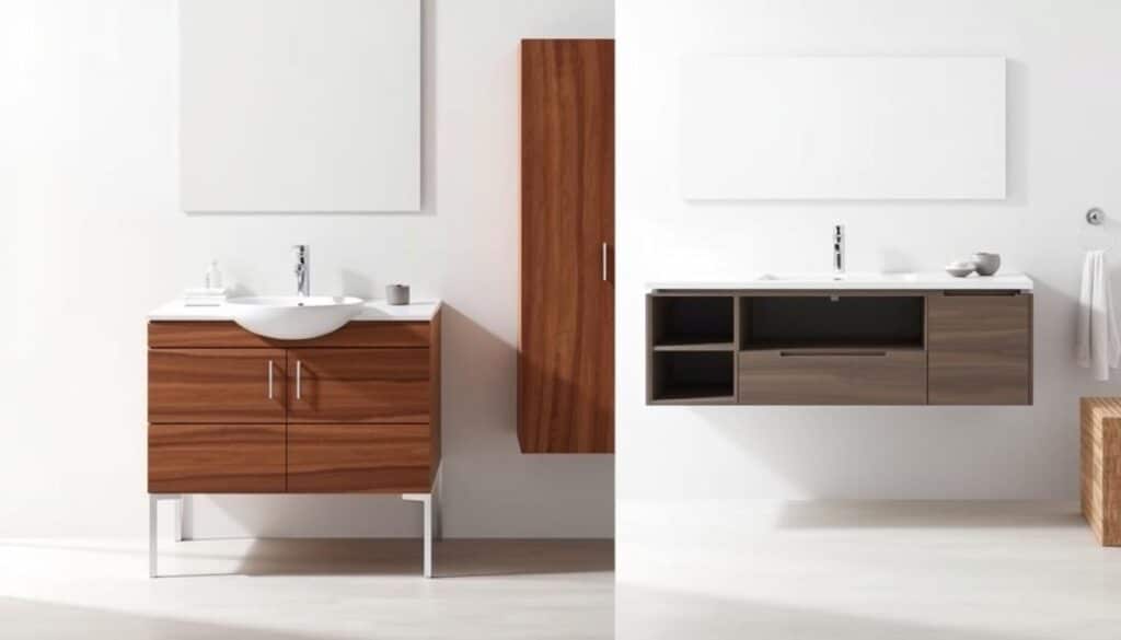 A contemporary bathroom interior showcasing a freestanding vanity and a wall-mounted vanity in a side-by-side comparison. In the foreground, the freestanding vanity features a sleek design with a deep basin sink, polished wood finish, and minimalist fixtures. The wall-mounted vanity in the middle has a modern, floating appearance with elegant storage compartments and a seamless countertop. The background is softly lit, creating a serene atmosphere with subtle neutral-toned walls and natural light filtering through a frosted window. The composition captures both vanities from a slightly elevated angle, emphasizing their distinct designs and functionality while maintaining a clean and organized aesthetic, suitable for today’s bathroom trends.