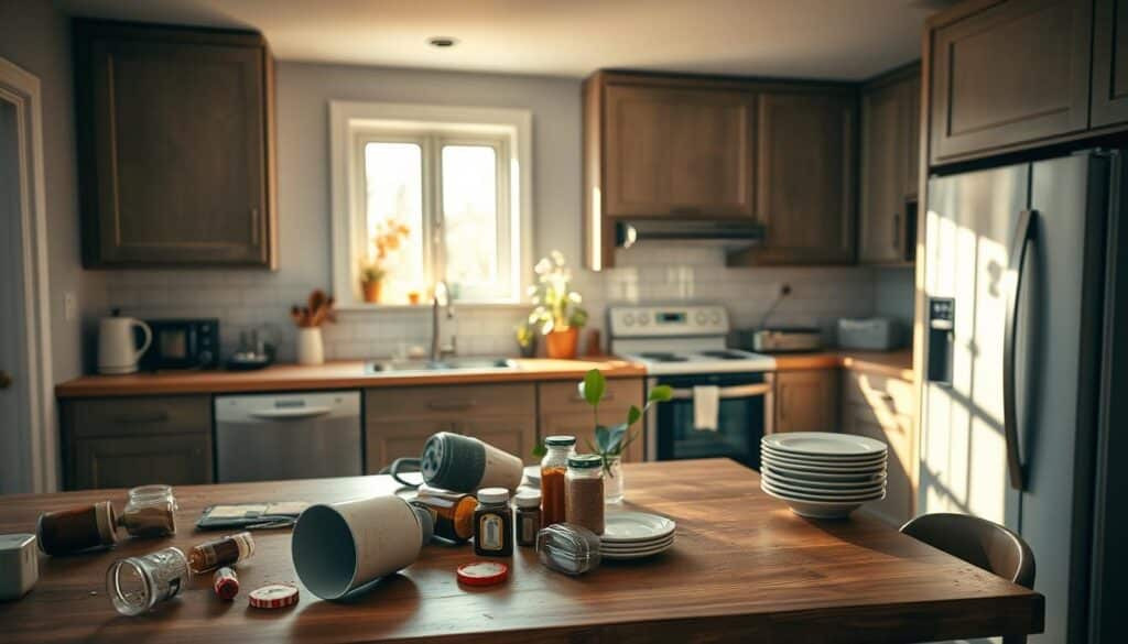 A contemporary kitchen with a mix of modern and rustic elements, showcasing a dysfunctional layout. In the foreground, an island with cluttered, mismatched items like a cracked mug, overturned spice jars, and a small stack of unwashed dishes reveals chaos. In the middle ground, sleek cabinetry with peeling paint and outdated appliances hints at neglect, while a vibrant potted plant adds a touch of color. The background features a window with sunlight streaming in, casting warm, soft shadows across the room. Overall, the atmosphere is a blend of frustration and potential, inviting the viewer to consider improvements. The image is captured from a slightly elevated angle, using a soft focus to emphasize the kitchen's current state without any human subjects.
