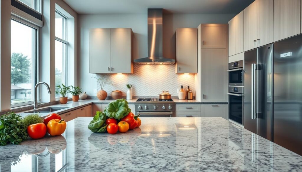 A modern kitchen vision, showcasing an inviting and organized space ideal for remodeling. In the foreground, a sleek kitchen island with a polished granite countertop is adorned with fresh vegetables and herbs, reflecting a fresh and healthy cooking environment. The middle layer reveals contemporary cabinetry, a stylish backsplash with geometric tiles, and high-end appliances that gleam under soft, warm lighting. In the background, large windows allow natural light to flood the room, illuminating neutral-toned walls and potted plants. Capture the angle as if standing slightly above the kitchen, offering a comprehensive view that emphasizes both functionality and aesthetic appeal. The mood is hopeful and inspirational, perfectly fitting for those contemplating a kitchen remodel.