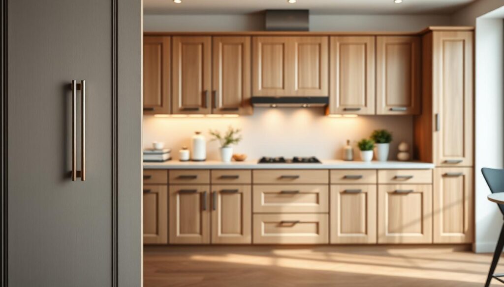 A stylish kitchen featuring a variety of kitchen cabinets showcasing different finishes, including matte, high-gloss, and natural wood grain. In the foreground, a close-up of a cabinet door reveals the texture and sheen of the finishes, emphasizing their durability. The middle section captures the entire kitchen space, highlighting the cabinets arranged around a modern countertop with soft, warm lighting that gives the image a cozy atmosphere. In the background, delicate decorative elements like potted herbs and attractive kitchenware enhance the inviting feel. The scene is shot from a slightly elevated angle to provide depth and focus on the cabinet finishes, evoking a sense of functionality and elegance in a real kitchen setting.