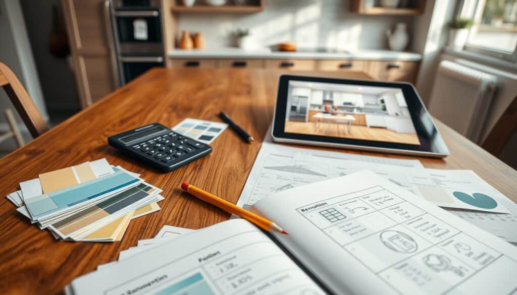 A well-organized kitchen remodeling budget plan laid out on a stylish wooden table, with a calculator, pencil, and an open notebook filled with notes and sketches showing design ideas. In the foreground, a set of color swatches for paint and kitchen materials like countertops and backsplash tiles. The middle ground features partially visible renovation plans with a charming kitchen mockup displayed on a tablet. In the background, softly lit kitchen elements such as cabinets and appliances create an inviting atmosphere. Natural light streams in from a nearby window, giving the scene a warm, creative mood. The angle is slightly above eye level, enhancing the organized chaos of planning a kitchen remodel, focusing on budgeting and thoughtful decision-making.