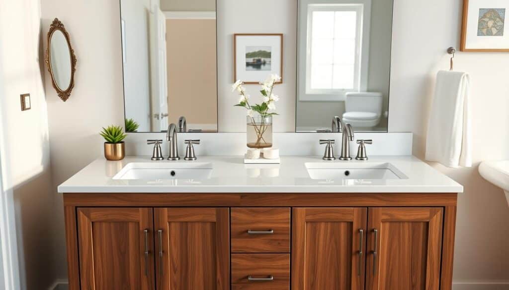 A beautifully designed bathroom featuring a double sink vanity that showcases standard dimensions suited for most U.S. homes. The vanity is made of rich walnut wood, with a sleek white quartz countertop and two modern, stylish faucets. In the foreground, the vanities are flanked by neatly arranged toiletries and elegant decorative elements like a small plant and decorative mirror. The middle of the scene highlights the clean lines and symmetry of the double sinks, reflecting soft, natural light from a nearby window, enhancing the bright, airy atmosphere. The background reveals tasteful wall colors and simple artwork, creating a serene and inviting ambiance. The overall mood is calm and sophisticated, illustrating a perfect balance of functionality and elegance in bathroom design.