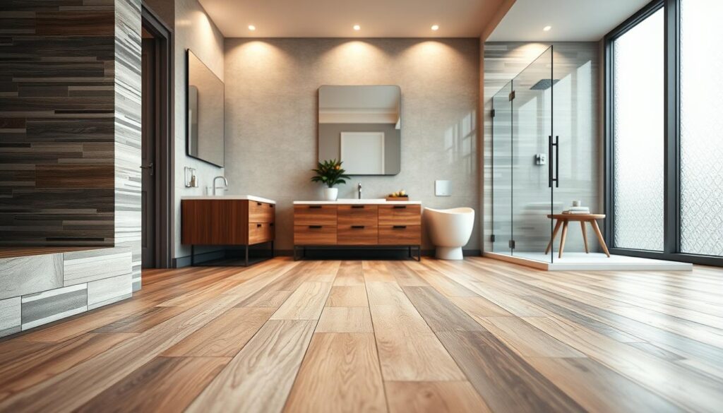 A beautifully designed bathroom showcasing various water-resistant flooring options. In the foreground, display a selection of stylish tiles, vinyl planks, and waterproof laminate, emphasizing texture and color diversity. The middle ground features a modern bathroom setup with a sleek vanity, a large mirror reflecting the flooring, and a shower area with glass panels. The background reveals soft, ambient lighting from recessed fixtures, creating a warm atmosphere, while natural light filters through a frosted window. Use a shallow depth of field to focus on the flooring details, enhancing the overall aesthetic. The mood should be inviting, demonstrating practicality and elegance for potential flooring choices in a bathroom.