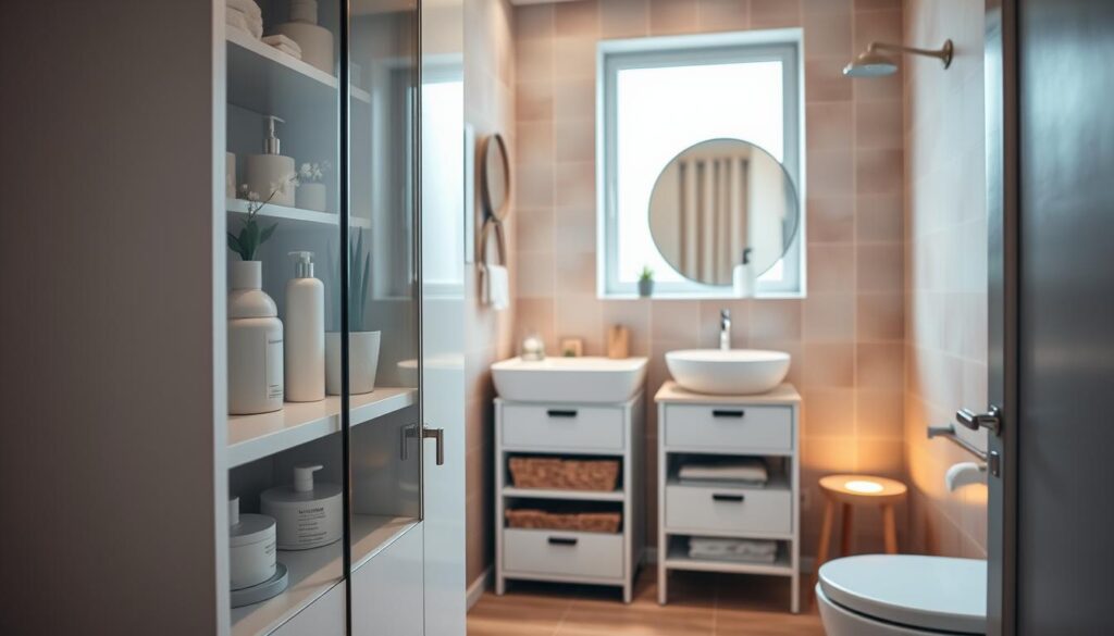 A beautifully organized small bathroom showcasing effective storage solutions. In the foreground, a sleek, minimalist cabinet with open shelves displaying neatly arranged toiletries and decorative plants, emphasizing decluttering. The middle ground features a compact vanity with additional storage drawers, holding essential items in an orderly manner. In the background, soft, diffused natural light filters in through a frosted window, illuminating warm tones of the cabinetry and bathroom tiles. The atmosphere is serene and inviting, promoting a sense of calm and organization. Capture the scene from a slight angle, revealing depth and emphasizing the efficiency of space. Avoid any clutter, showcasing a pristine environment that inspires viewers to maximize their own bathroom storage. Safe for work, no human subjects.