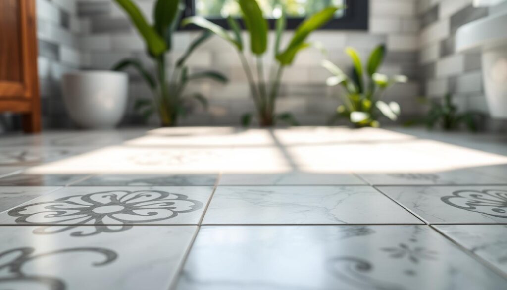 A close-up view of a beautifully arranged section of porcelain tiles in a modern bathroom, showcasing delicate patterns and textures. In the foreground, focus on a single, intricately designed tile with a glossy finish. In the middle ground, include a seamless layout of tiles in varied shades of white, gray, and subtle blues, reflecting natural light from an overhead window. The background features lush green plants, adding a touch of nature to the space. The lighting is soft and bright, creating a serene and inviting atmosphere. Use a shallow depth of field to emphasize the tiles while gently blurring the background. The overall mood is tranquil and elegant, highlighting porcelain tiles as an ideal bathroom flooring choice.