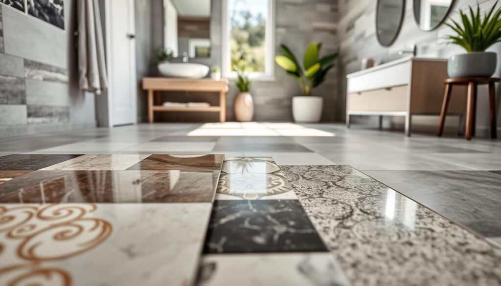 A close-up view of stylish bathroom tiles, showcasing a variety of designs and materials. The foreground features a sample board displaying glossy ceramic tiles with intricate patterns, surrounded by textured stone and matte porcelain tiles, all elegantly arranged. In the middle ground, a modern bathroom scene is partially visible, with bright, natural light streaming in from a window, highlighting the tiles’ colors and textures. The background includes a sleek vanity with minimalistic decor and soft green plants, contributing to a fresh and inviting atmosphere. The composition is shot from a low angle, emphasizing the tiles and creating a sense of depth. The overall mood is clean, contemporary, and sophisticated, ideal for showcasing choices in bathroom flooring materials.