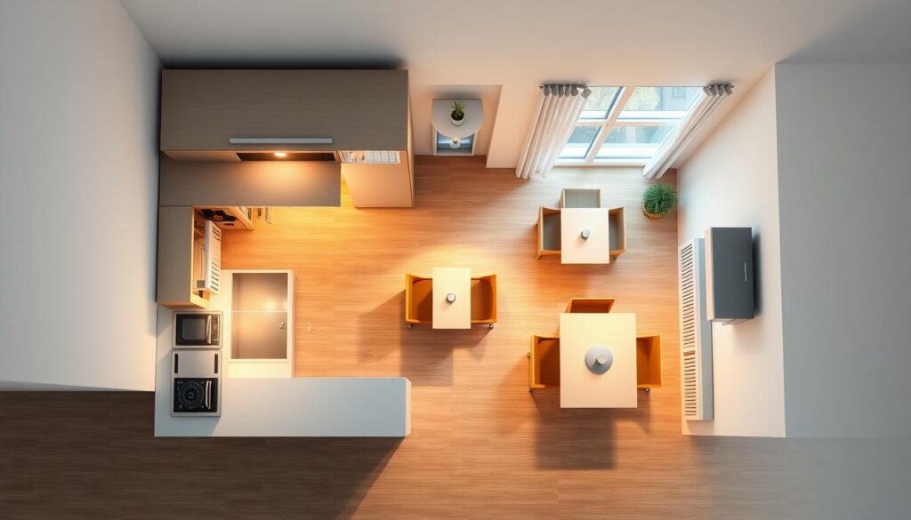 A detailed kitchen layout plan focusing on maximizing space in a small kitchen. The foreground features an overhead view of the kitchen layout, showcasing an L-shaped counter with integrated appliances like a compact stove and refrigerator, along with smart storage solutions such as pull-out shelves and vertical cabinets. The middle ground highlights functional zones including a dining nook with a foldable table and chairs, while the background displays a bright window allowing natural light to flood the space. The lighting is warm and inviting, accentuating the modern, minimalist design elements. The mood is practical yet stylish, emphasizing efficiency and functionality in a cozy environment.