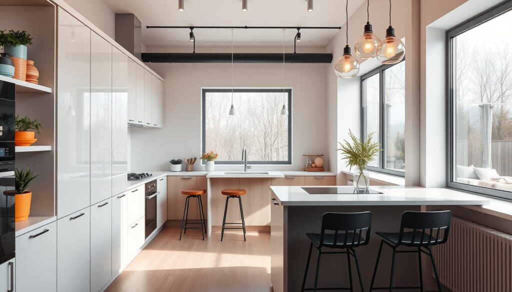 A modern small kitchen emphasizing functionality and smart design elements. In the foreground, sleek cabinetry with open shelves displaying colorful kitchenware and potted herbs. The middle ground features a compact, multifunctional island with storage space and a built-in cooktop, surrounded by stylish bar stools. In the background, large windows let in natural light, brightening the space and reflecting the clean, minimalist decor. The walls are painted in light, neutral tones, creating an airy atmosphere. Consider warm, inviting lighting fixtures hanging from above, enhancing the cozy ambiance. The image is shot from a slightly elevated angle, providing a comprehensive view of the layout and functionality, making it perfect for demonstrating effective small kitchen designs.