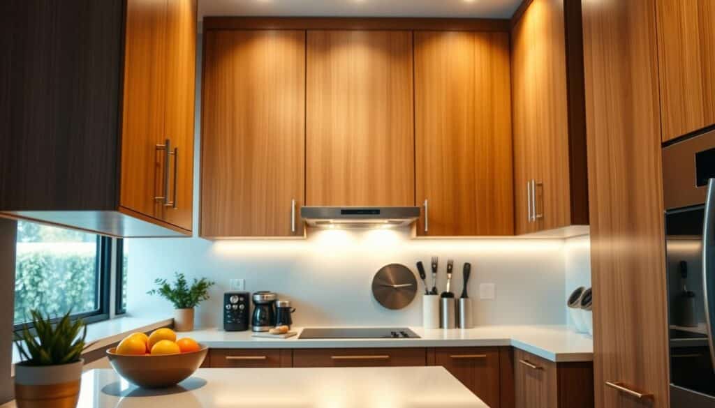 A modern small kitchen featuring elegant, ceiling-high cabinets that maximize storage space. In the foreground, focus on sleek wooden cabinetry with smooth finishes and stylish handles. The middle layer showcases a well-organized countertop adorned with fresh fruit in a bowl and a few essential kitchen utensils, creating an inviting atmosphere. In the background, soft, warm lighting bathes the scene, with natural light streaming in from a window, enhancing the room's cozy feel. The camera angle is slightly elevated to capture the height of the cabinets and their functionality. The overall mood is bright and welcoming, showcasing an efficient yet aesthetic small kitchen design that emphasizes organization and smart use of space.
