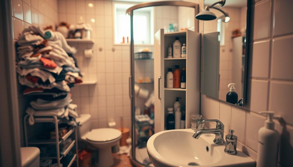 A small, cluttered bathroom scene featuring a sink overloaded with toiletries and personal items, an overflowing toilet paper holder, and a shower stall with various shampoo and conditioner bottles haphazardly arranged. In the foreground, focus on a compact, organized cabinet with neatly stored bathroom essentials, showcasing how proper storage can alleviate clutter. The middle ground features a stylish, contemporary sink and faucet, with reflections in the mirror adding depth to the space. The background includes softly lit tiled walls and a small window allowing natural light to brighten the room. The overall mood is one of practicality and transformation, illustrating the challenges of small bathroom spaces while hinting at innovative storage solutions. Use warm lighting to create an inviting atmosphere, with a slight overhead angle emphasizing both the clutter and the storage cabinet.
