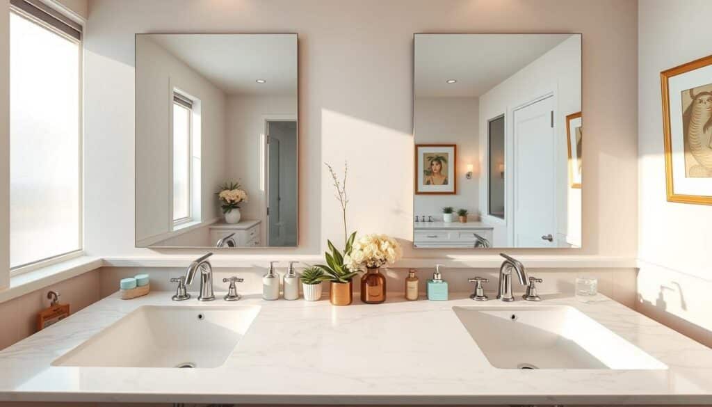 A stunning double vanity in a bright, modern bathroom, featuring two stylish sinks with sleek chrome faucets. The foreground showcases a wide marble countertop adorned with elegant toiletries and decorative plants. The middle layer highlights the spacious mirrors above each sink, reflecting soft natural light streaming through frosted windows. The background features calming pastel-colored walls and tasteful artwork, contributing to a serene atmosphere. Warm, inviting lighting adds a cozy touch, creating an ideal space for shared routines. Capture this from a slightly elevated angle to emphasize the symmetry and functionality of the double vanity while keeping the focus on the luxurious details. Ensure the scene remains professional and family-friendly, showcasing the beauty and practicality for shared bathrooms.