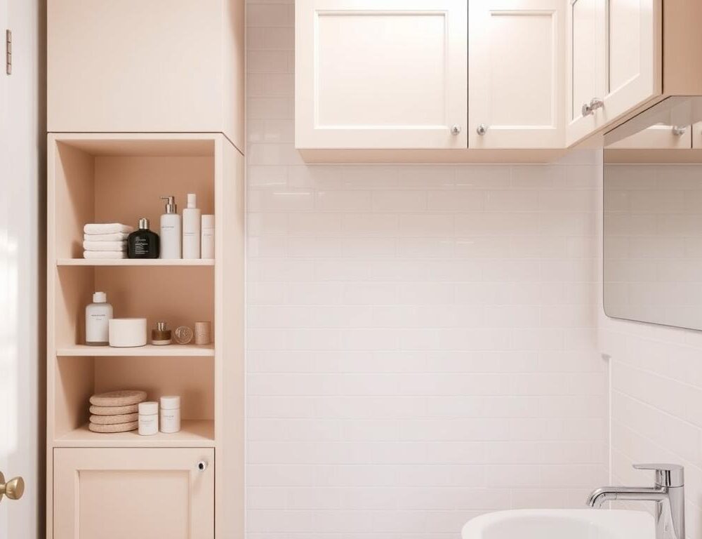 How can I maximize storage space in a small bathroom with cabinets