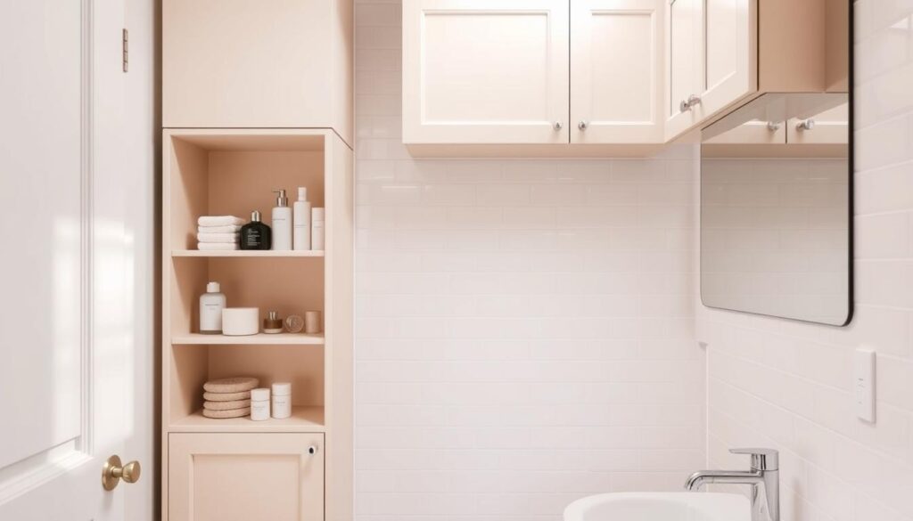 How can I maximize storage space in a small bathroom with cabinets