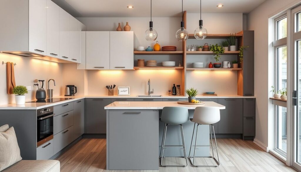 What design elements can enhance the functionality of a small kitchen