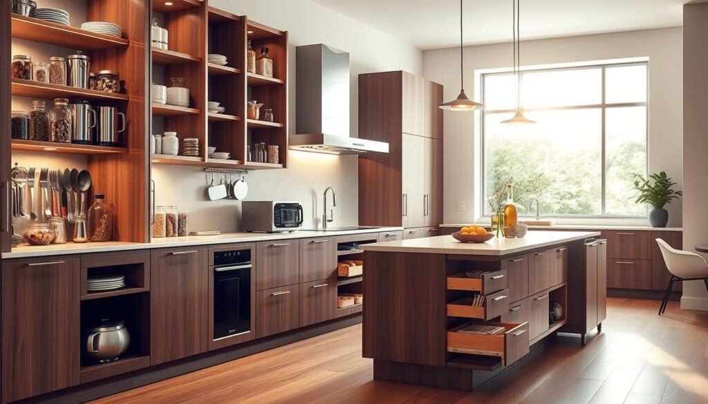 A beautifully designed kitchen featuring smart cabinetry optimized for maximum storage. The foreground showcases sleek, custom inserts in open cabinets displaying neatly arranged kitchen tools, glass jars of spices, and organized appliances. The mid-ground reveals a spacious island with integrated pull-out shelves and drawers, highlighting innovative use of space. In the background, light streams in from a large window, illuminating the contemporary design with soft, warm tones. The cabinetry has a modern finish with a minimalist aesthetic, and the overall atmosphere is inviting and functional. Capture this scene from a slightly elevated angle to emphasize the efficient layout and clever organization. The lighting is bright yet cozy, creating an inspiring kitchen environment.
