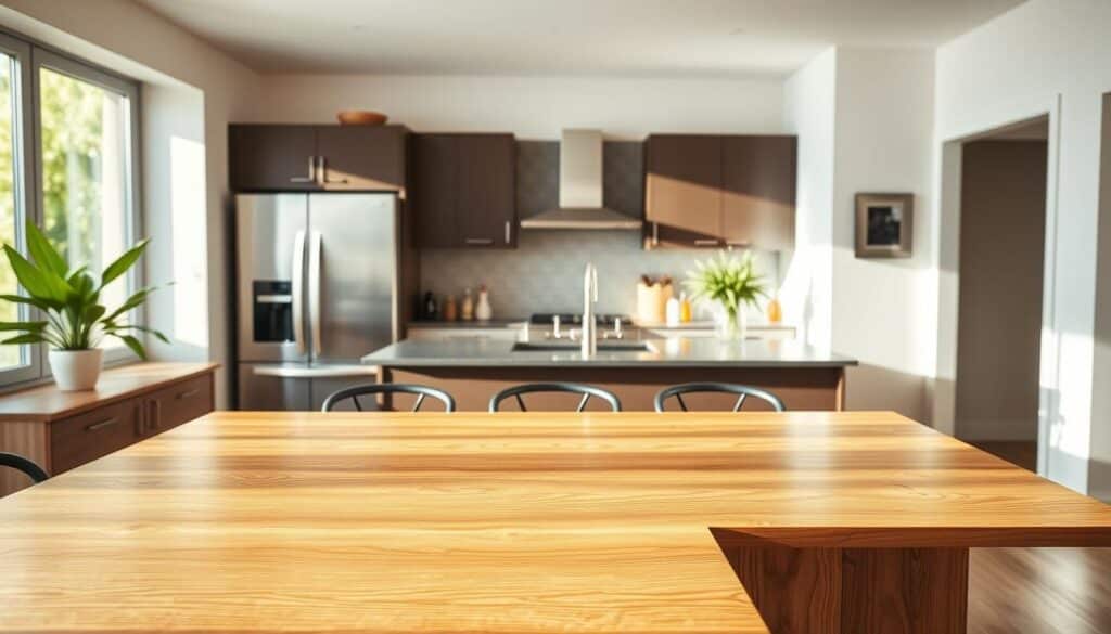 A beautifully designed kitchen space that showcases an efficient layout suitable for modern cooking and gathering. In the foreground, a polished wooden kitchen island with stylish bar stools creates an inviting atmosphere. The middle section features sleek cabinetry and stainless steel appliances, arranged in a functional work triangle for optimal flow. A large window in the background allows natural light to flood the room, illuminating soft, neutral-toned walls and a vibrant green plant on the counter. The scene captures a warm, welcoming vibe, ideal for both cooking and entertaining. The image is brightly lit, with a slight depth of field focus that highlights the kitchen island while softly blurring the background details, creating a relaxed yet sophisticated ambiance.
