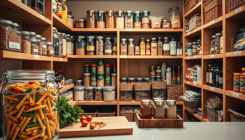 A beautifully organized kitchen pantry, showcasing neatly arranged shelves filled with various jars, canisters, and baskets. In the foreground, focus on a large, clear glass jar filled with colorful pasta, a wooden cutting board with fresh herbs, and an inviting array of spices in labeled containers. The middle features shelves stacked with neatly categorized food items, like grains, snacks, and canned goods, all visibly organized and decluttered. In the background, soft natural light streams through a window, illuminating the warm wood tones of the pantry and creating a serene atmosphere. The overall mood is calm and inspiring, highlighting the satisfaction of a well-organized space. Use a slightly elevated angle to capture the shelves gleaming in the light, with depth and focus on the pantry's orderly charm.