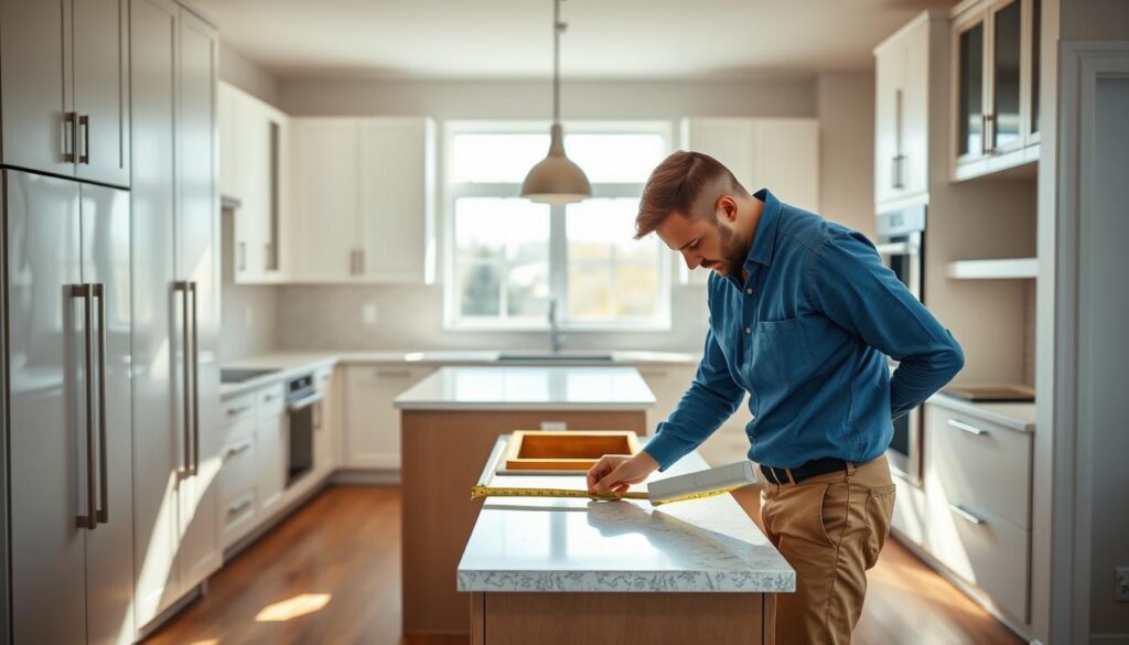 A bright, modern kitchen remodel in progress, featuring sleek cabinetry and a stylish island. In the foreground, a professional contractor, dressed in a blue work shirt and khakis, is measuring the new countertop with a tape measure, focused on precision. The middle layer showcases a partially installed tile backsplash and contemporary pendant lights, giving a glimpse of the design transformation. In the background, sunlight streams through large windows, illuminating the open space and highlighting stainless steel appliances. The atmosphere is one of creativity and progress, capturing the essence of a home renovation journey, with warm tones and soft shadows that evoke a welcoming vibe. The camera angle is slightly elevated, providing a comprehensive view of the kitchen layout.