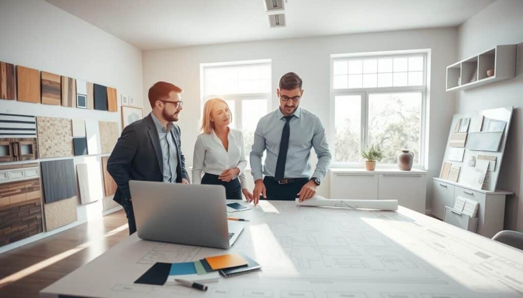 A bright, professional workspace showcasing a pre-construction design for a kitchen remodel. In the foreground, a large design table covered with blueprints, sketches, and color swatches, along with a laptop displaying 3D modeling software. In the middle, two architects dressed in professional business attire, discussing the plans earnestly, pointing out details on the blueprints. Background features a large window allowing natural light to flood the room, casting a warm glow that enhances the collaborative atmosphere. The walls are adorned with samples of tiles, paints, and cabinetry, creating a sense of inspiration. Soft shadows and balanced lighting highlight the meticulous planning process, evoking a mood of anticipation and creativity in the remodeling journey.