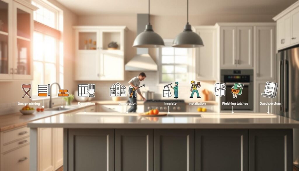 A detailed visual representation of a "kitchen remodel timeline" set against a bright and inviting kitchen backdrop. In the foreground, illustrated milestones showcase key phases of a kitchen renovation, such as design planning, demolition, installation, and finishing touches, each represented with vibrant icons and simple graphics. The middle layer features images of contractors in professional attire working diligently on tasks with tools, enhancing the sense of progress. The background consists of a well-lit, modern kitchen scene with fresh cabinetry, new appliances, and stylish decor, creating a warm and motivating atmosphere. The lighting is soft and natural, simulating sunlight streaming through a window, emphasizing a sense of hopeful anticipation for a beautiful kitchen transformation. The composition is balanced, inviting viewers to engage with the timeline journey visually.