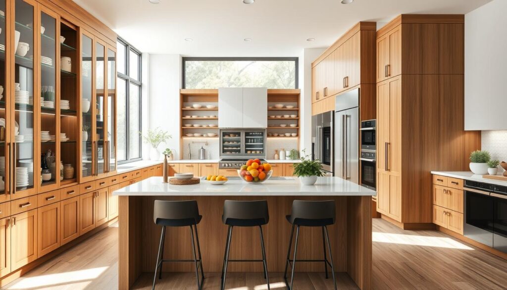 A modern kitchen design showcasing optimal storage solutions. In the foreground, display elegant wooden cabinets with glass doors, filled with neatly stacked dishes and labeled jars for easy access. The middle features a spacious island topped with a vibrant fruit bowl, surrounded by stylish stools. A sleek, built-in pantry with pull-out shelves is visible, optimized for functionality. The background reveals a bright, airy space with natural light streaming in through large windows, highlighting the organized layout and thoughtful placement of appliances. The atmosphere is inviting and efficient, with a subtle touch of greenery from potted herbs on the countertop, creating a harmonious blend of style and practicality. The image should be taken from a slightly elevated angle to capture the full scope of the kitchen layout.
