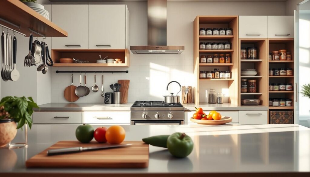A modern kitchen designed for easy access, showcasing distinct functional zones. In the foreground, a neatly organized prep area features a cutting board and fresh vegetables, with kitchen tools neatly hanging on an open shelf. The middle ground includes an inviting cooking zone with a sleek stove, pots, and spices strategically arranged for easy reach. To the background, a clean and stylish storage zone displays cabinets with labeled containers and an open pantry, demonstrating maximized space. Soft, natural lighting filters in through a window, casting warm tones across the surfaces. The overall atmosphere is bright and efficient, highlighting a harmonious blend of aesthetics and functionality, ideal for any home’s kitchen remodel.