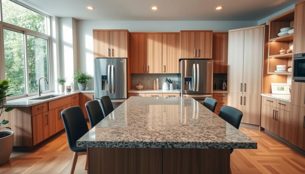 A modern kitchen layout showcasing an efficient design that enhances workflow and comfort. In the foreground, a polished granite island with seating arranged for casual dining. The middle ground features energy-efficient stainless steel appliances, including a refrigerator and stove, flanked by custom cabinetry in a warm wood finish. The background reveals a large window allowing natural light to flood the space, with lush greenery visible outside, creating a fresh atmosphere. Soft, ambient lighting highlights the sleek countertops and organized shelves, setting a welcoming mood. The angle captures the layout from a slight bird's eye view, emphasizing the spaciousness and functionality of the kitchen without any people present.