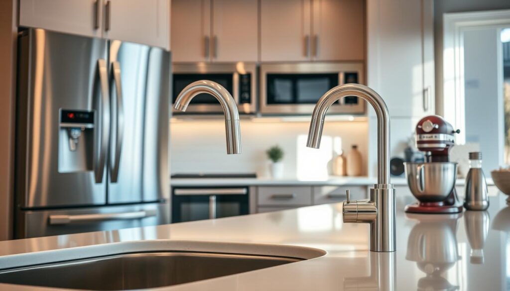 A modern kitchen scene featuring a variety of sleek kitchen appliances, including a stainless steel refrigerator, a built-in oven, and a stylish microwave. In the foreground, a polished undermount sink with a high-arc faucet reflects soft, ambient lighting. The middle ground showcases a countertop with a blender and a stand mixer, emphasizing functionality and aesthetics. The background reveals cabinetry with clean lines and a tasteful backsplash, enhancing the overall design. Natural light filters in from a nearby window, creating a warm and inviting atmosphere. The image is captured at a slightly elevated angle, offering a comprehensive view of the kitchen layout, while maintaining an organized and clutter-free environment.