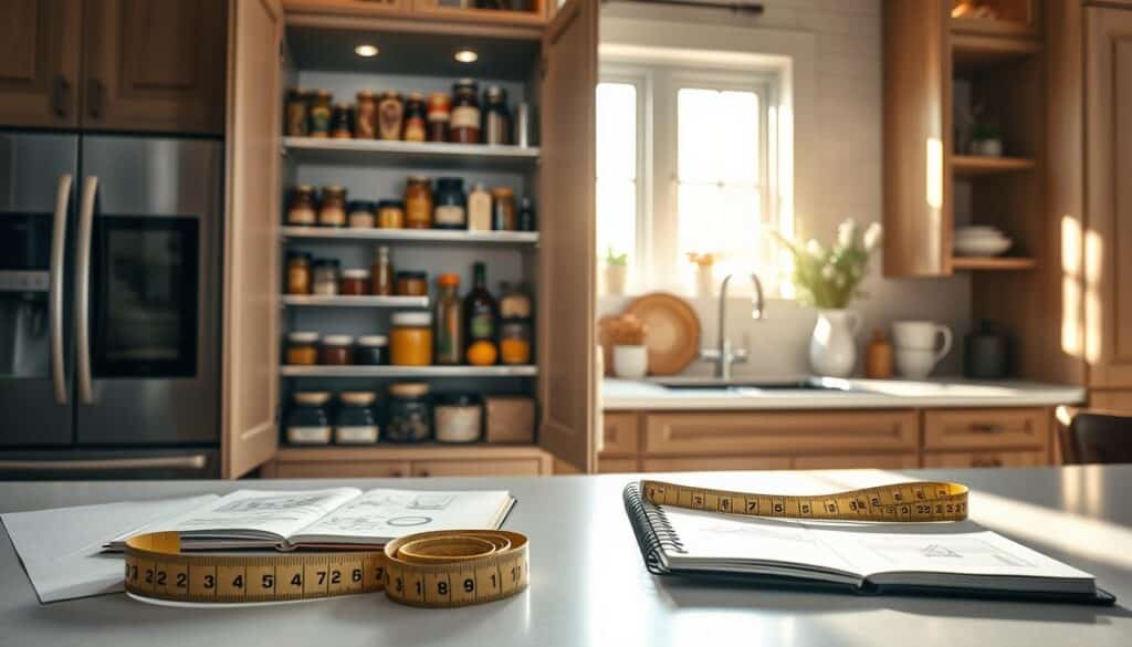A well-organized kitchen pantry cabinet, depicted from a slightly elevated angle to emphasize its depth and structure. In the foreground, a measuring tape lays open on a neat countertop, adjacent to a notebook with design sketches. The middle section showcases an elegant pantry cabinet filled with thoughtfully categorized items: jars of spices, fresh produce, and neatly stacked containers. Soft, natural light filters through a nearby window, casting gentle shadows that create a warm, inviting atmosphere. In the background, the kitchen features wooden cabinetry and tasteful decor, contributing to a modern yet cozy vibe. The entire setting should evoke a feeling of functionality and style, ideal for a professional interior design context.