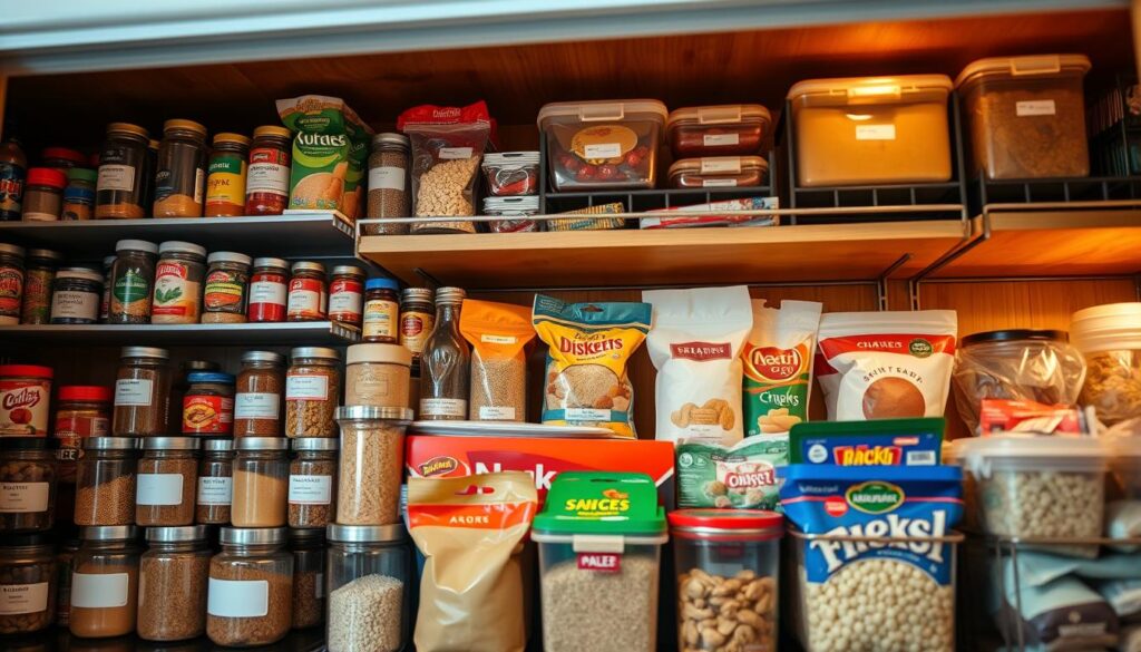 A well-organized pantry cabinet filled with an array of neatly arranged food items. In the foreground, focus on shelves stocked with jars of spices, cans of vegetables, and bags of grains, all labeled clearly. The middle layer should display an assortment of boxes and containers filled with snacks and baking supplies, showcasing variety in size and color. In the background, softly illuminated by warm LED lighting, shelves use wood and metal for a contemporary yet homey feel. The image should have a slightly cluttered yet organized look, capturing the essence of how pantry storage can easily become messy if not maintained. A shallow depth of field should draw attention specifically to the foreground items, evoking a cozy, inviting atmosphere perfect for a kitchen setting.