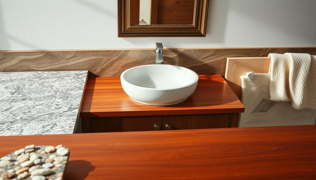 A beautifully arranged bathroom vanity showcasing a variety of materials commonly used in construction. In the foreground, place a polished wooden vanity with a rich mahogany finish, reflecting warm light. To the left, display a sleek granite countertop with deep, swirling patterns and a smooth surface. In the middle, feature a white porcelain sink elegantly integrated into the vanity, surrounded by brushed nickel fixtures. Behind, highlight a wall mirror framed in antique bronze, enhancing the overall sophistication. The background should be softly lit with natural light filtering through frosted glass, creating a serene, inviting atmosphere. The composition should evoke a sense of luxury and tranquility, emphasizing the harmony of the materials in this bathroom setting.
