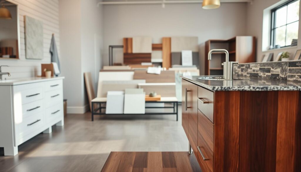 A beautifully arranged bathroom vanity showroom showcasing various materials suitable for bathroom vanities. In the foreground, a modern vanity made of rich hardwood, with sleek lines and a polished granite countertop, elegantly displays a stylish faucet. To the left, a contrasting option of a minimalist white laminate vanity with brushed nickel hardware. The middle ground features a selection of samples—ceramic tiles, quartz slabs, and painted wood—neatly arranged on a display table. In the background, soft, natural lighting filters through a window, illuminating the room and creating an inviting atmosphere. The overall mood is sophisticated yet approachable, perfect for homeowners seeking inspiration for their bathroom renovations. A wide-angle perspective captures the entire scene harmoniously, emphasizing the material diversity.